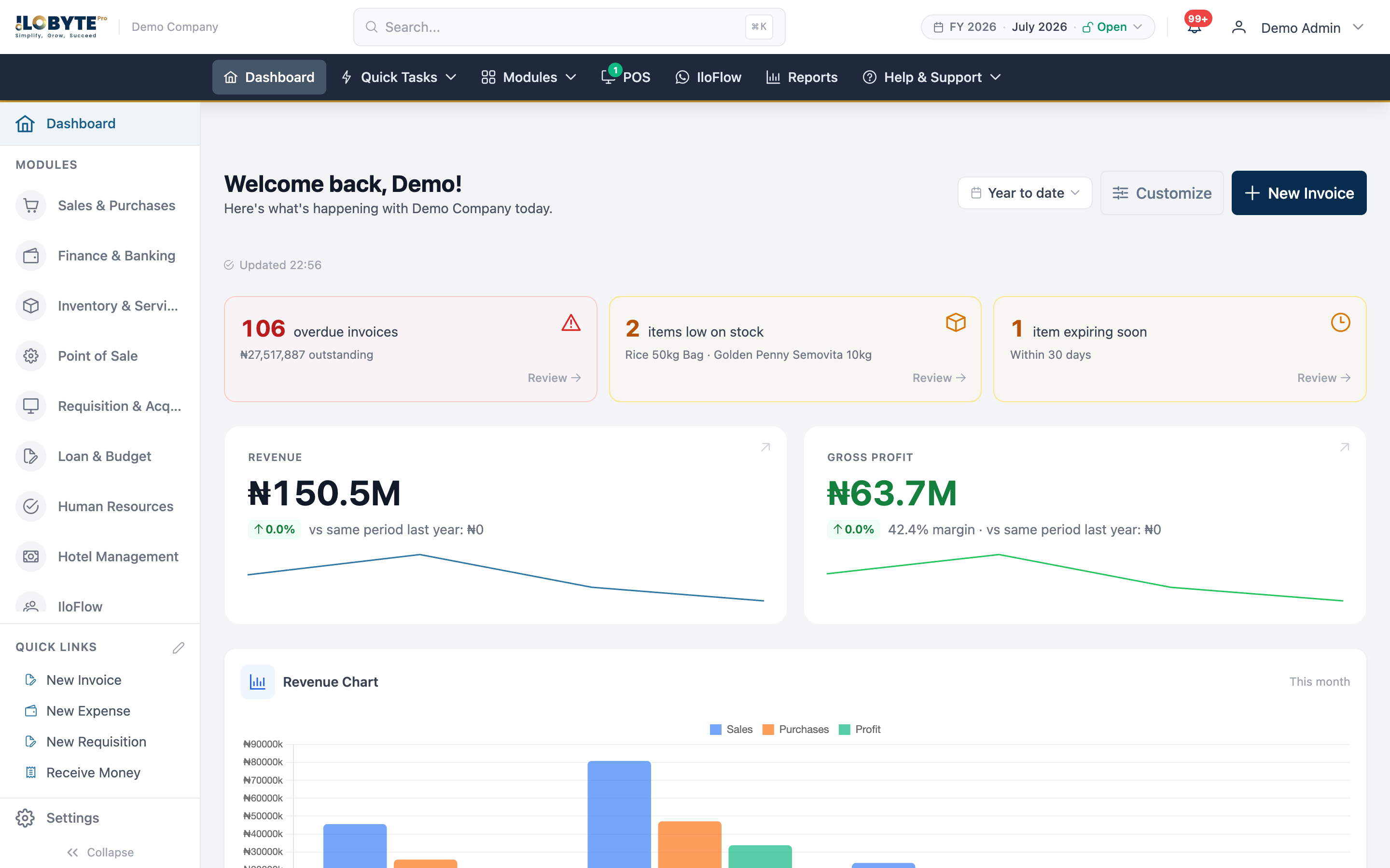 IloByte Pro dashboard — revenue, gross profit, overdue invoices, low stock and a live revenue chart at a glance