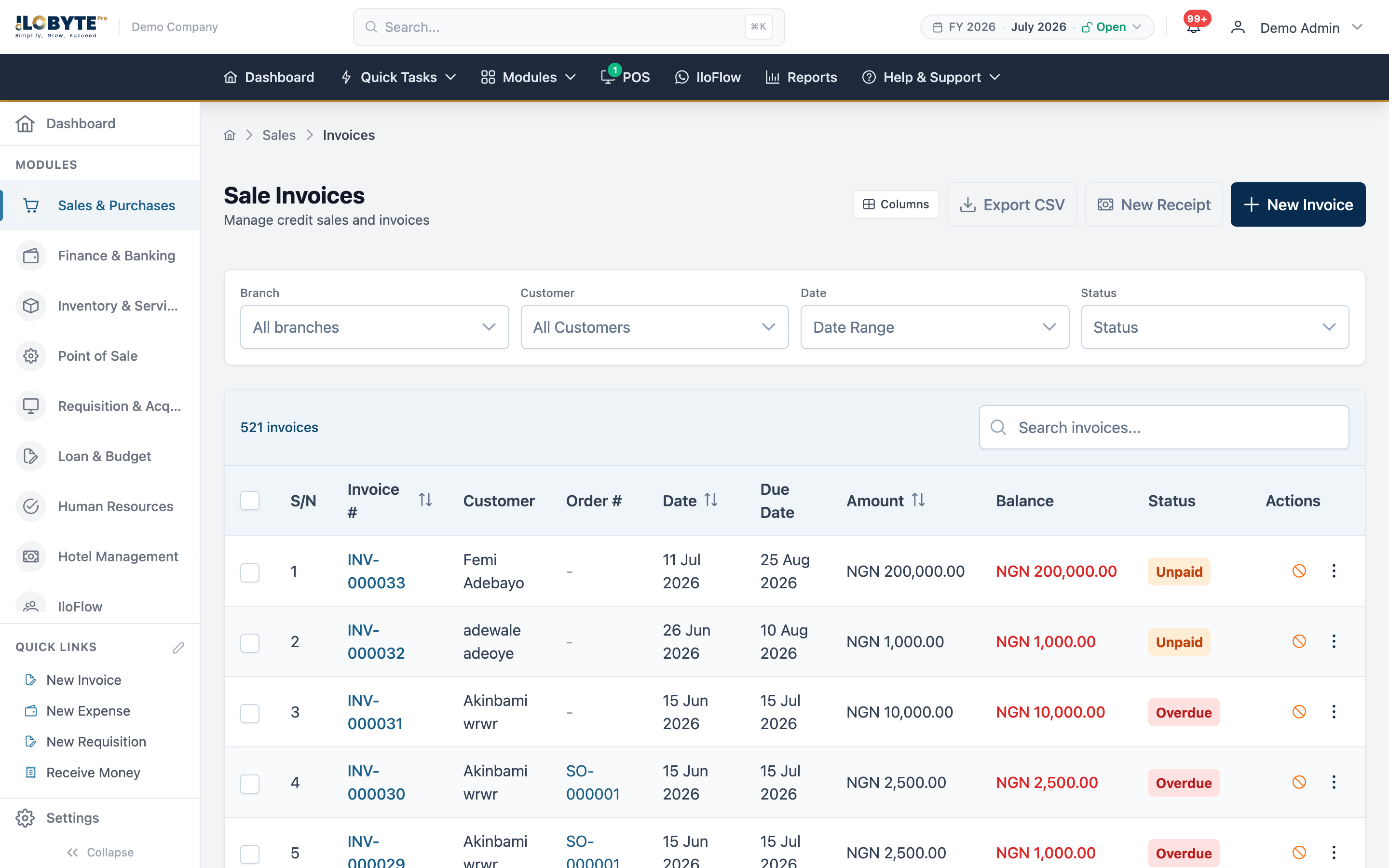 Sale invoices in IloByte Pro — customers, amounts, due dates and paid / unpaid / overdue status