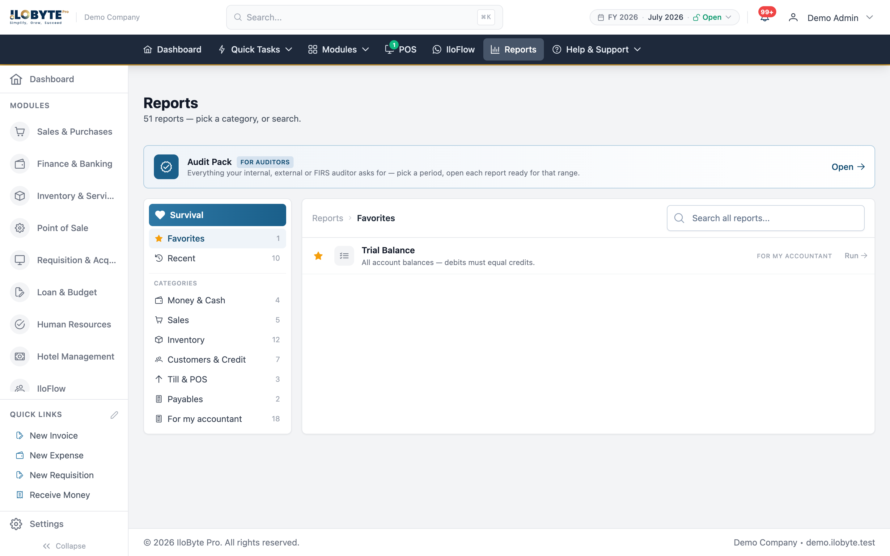 Reports library in IloByte Pro — 51 reports grouped by category, with an auditor pack
