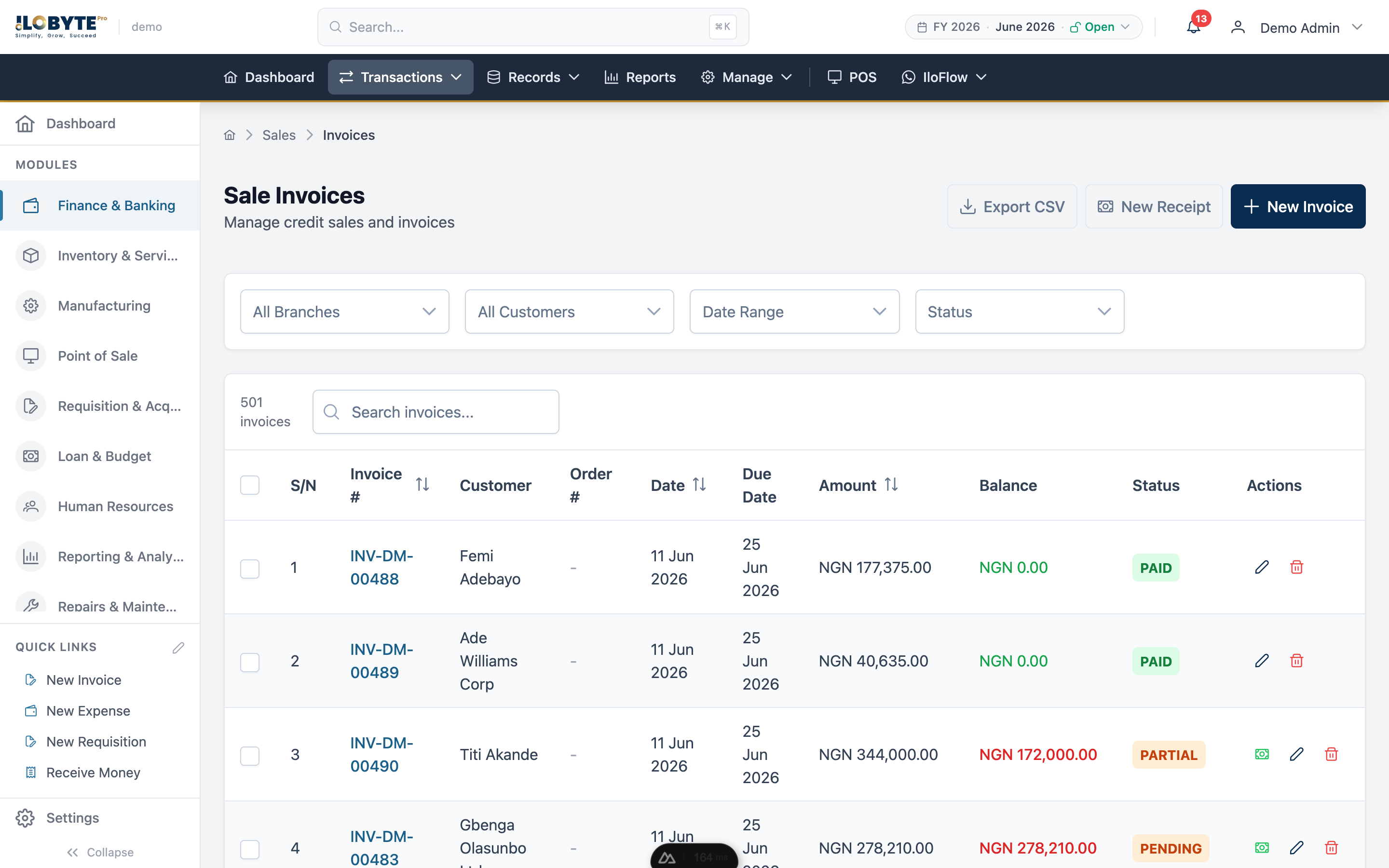 Sale invoices in IloByte Pro — customers, amounts, due dates and paid / pending / overdue status